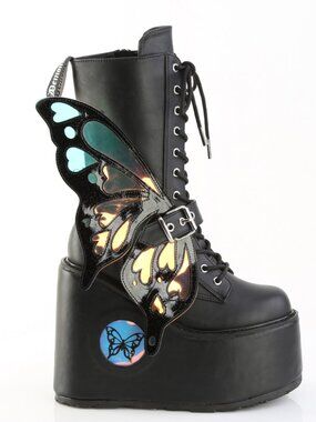 LED Light-Up Butterfly Platform Wedge Lace-Up Mid-Calf Boot with Inner Zip